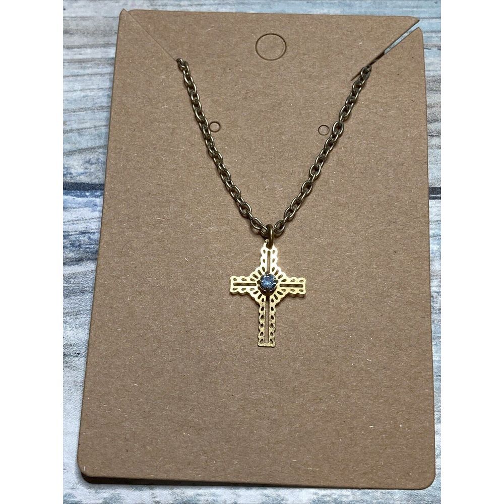 Filigree‎ Cross Aqua Blue Crystal Necklace 18" Gold Tone Chain